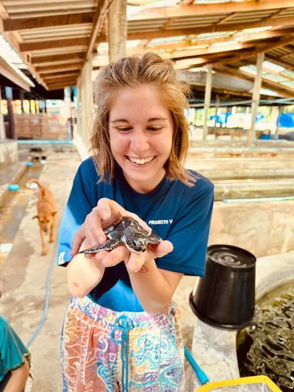 Meda Căpîlna ținând în palme un pui de țestoasă marină, în incinta centrului din Thailanda